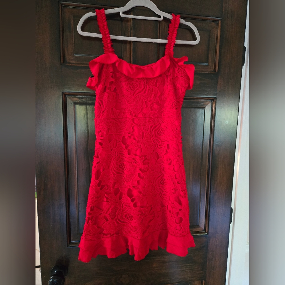 Lulu's Vibrant Red Lace Mini Dress, M